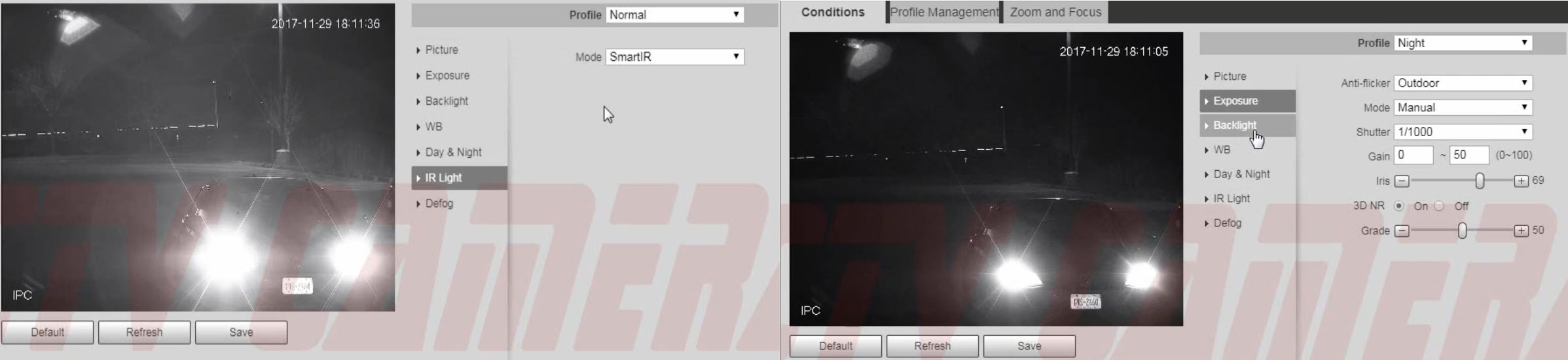 Showing ir and shutter rate settings that worked for license plate capture